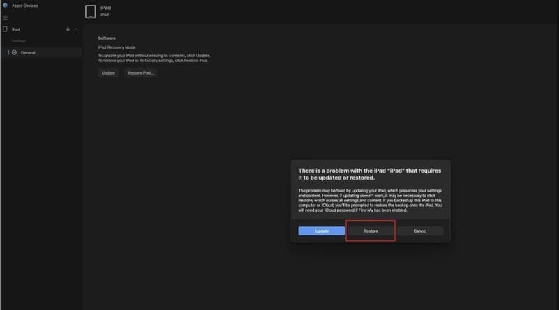 Choose restore in Apple Devices