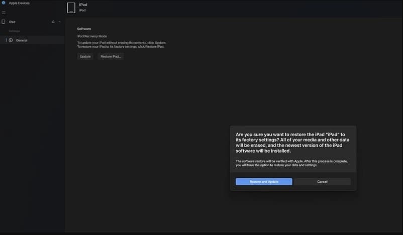Select restore and update in Apple Devices