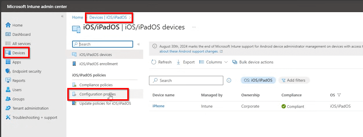 Open Configuration Profiles in Intune